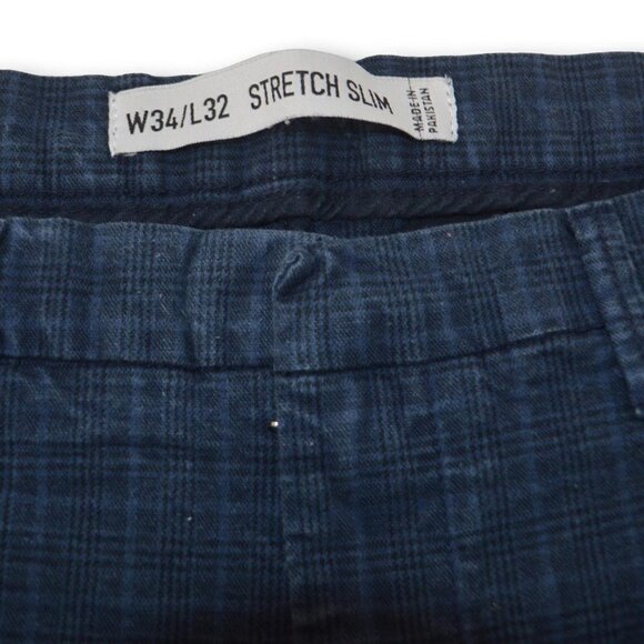 Mens Primark Navy Blue Plaid Pants Size: W34/L32 Stretch Slim - Picture 3 of 4